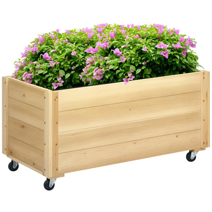 Wooden Planter with Wheels Garden Planter Cultivation Planter with Drainage Holes and Non-woven Fabric for Growing Flowers Plants Outdoor Balcony Terrace 89x48x47 cm Natural