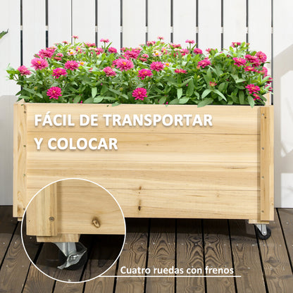 Wooden Planter with Wheels Garden Planter Cultivation Planter with Drainage Holes and Non-woven Fabric for Growing Flowers Plants Outdoor Balcony Terrace 89x48x47 cm Natural