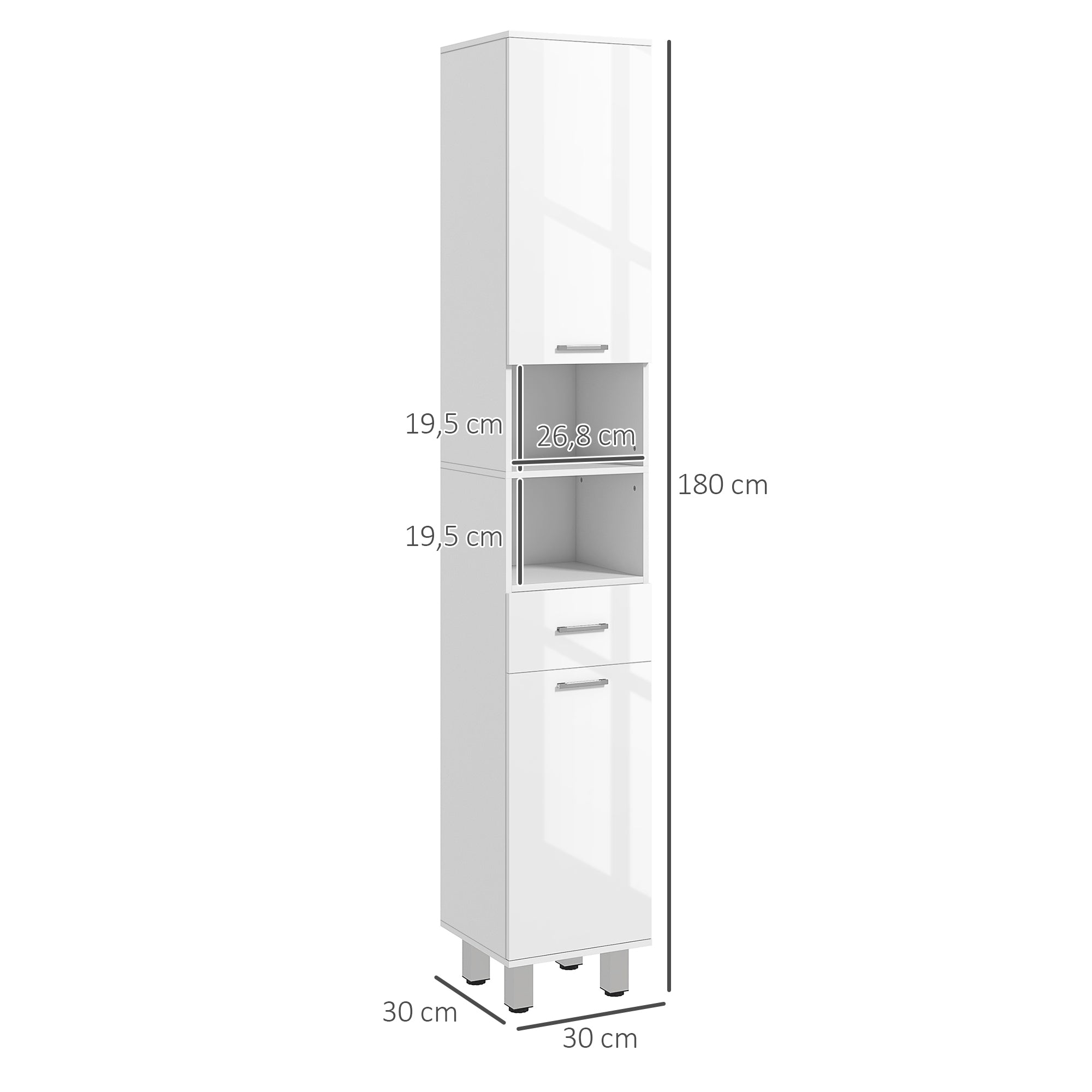 Modern Bathroom Cabinet with 1 Drawer, 3 Adjustable Shelves, and 2 Cabinets Storage Cabinet for Living Room Bedroom 30x30x180 cm White Gloss