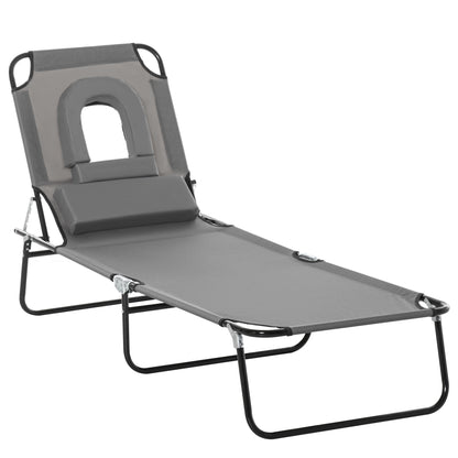Outdoor Folding Sun Lounger Chair with Face Hole and Cushion, Sun Lounger for Garden, Beach, and Camping, Gray