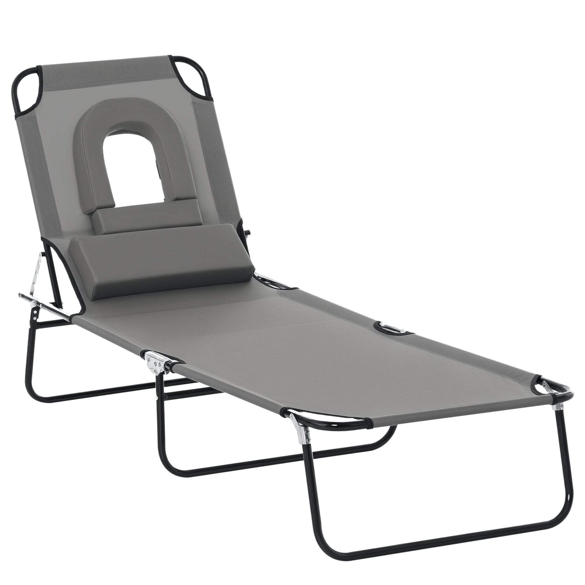 Outdoor Folding Sun Lounger Chair with Face Hole and Cushion, Sun Lounger for Garden, Beach, and Camping, Gray