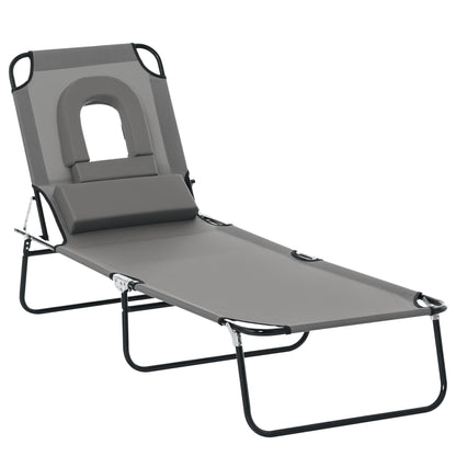 Outdoor Folding Sun Lounger Chair with Face Hole and Cushion, Sun Lounger for Garden, Beach, and Camping, Gray