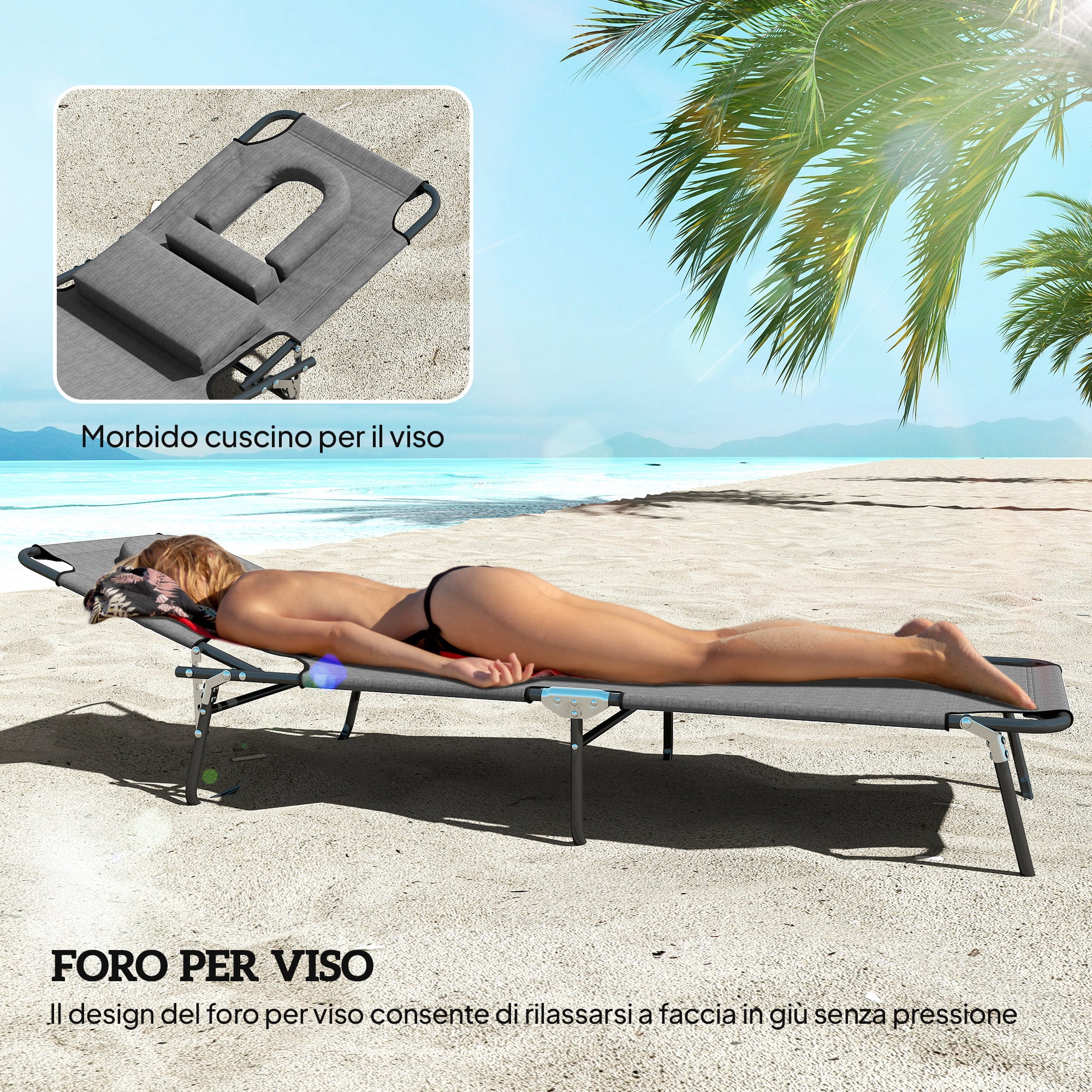 Outdoor Folding Sun Lounger Chair with Face Hole and Cushion, Sun Lounger for Garden, Beach, and Camping, Gray