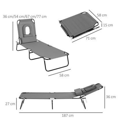 Outdoor Folding Sun Lounger Chair with Face Hole and Cushion, Sun Lounger for Garden, Beach, and Camping, Gray