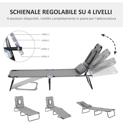 Outdoor Folding Sun Lounger Chair with Face Hole and Cushion, Sun Lounger for Garden, Beach, and Camping, Gray