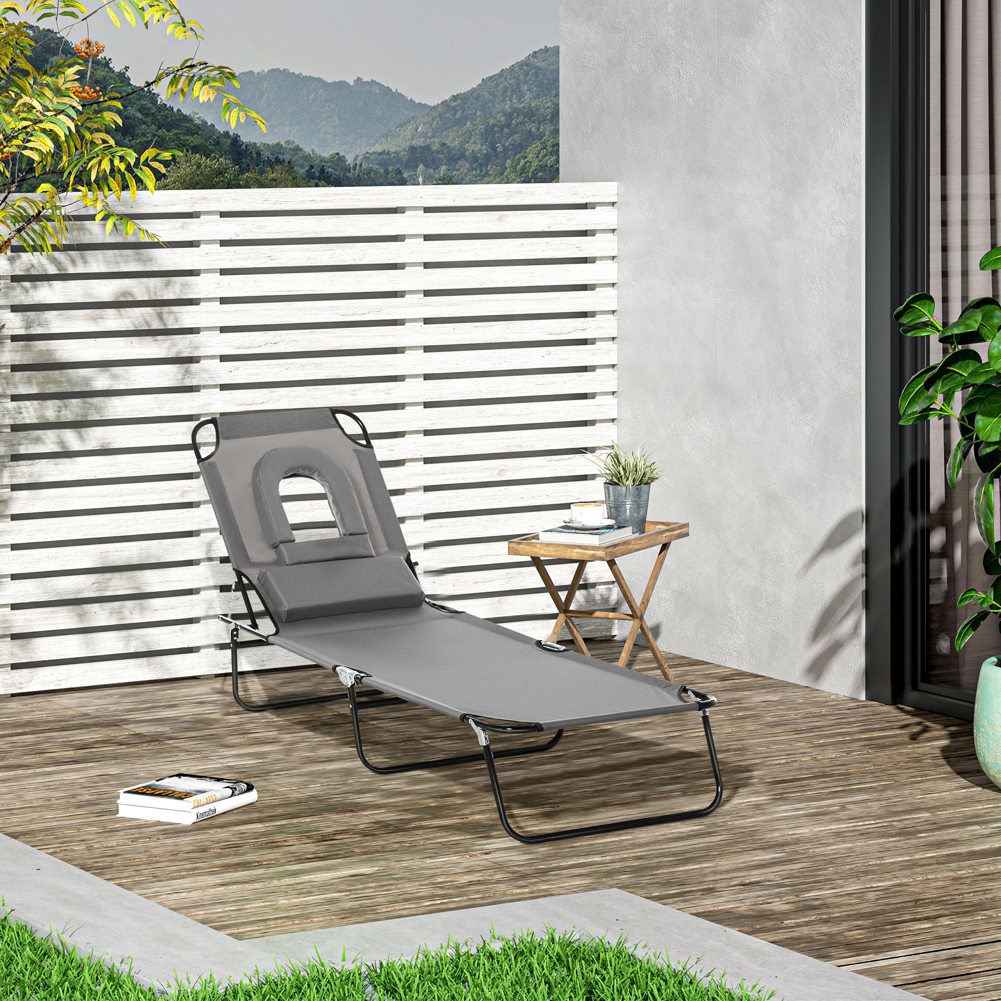 Outdoor Folding Sun Lounger Chair with Face Hole and Cushion, Sun Lounger for Garden, Beach, and Camping, Gray