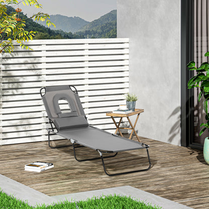 Outdoor Folding Sun Lounger Chair with Face Hole and Cushion, Sun Lounger for Garden, Beach, and Camping, Gray
