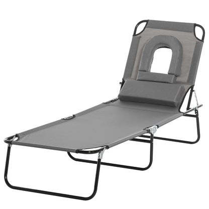 Outdoor Folding Sun Lounger Chair with Face Hole and Cushion, Sun Lounger for Garden, Beach, and Camping, Gray