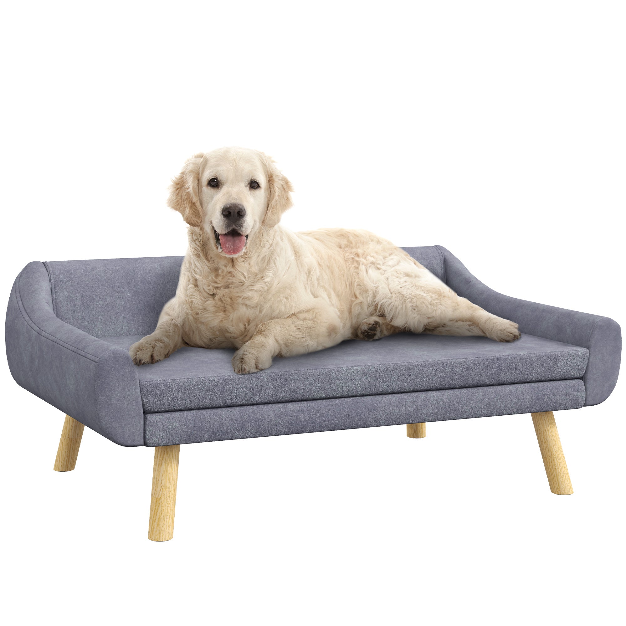 Dog Sofa Cat Sofa with Backrest, Pet Couch with Wooden Legs, Pet Sofa with Cushion, Dog Bed for Medium and Large Dogs, Velvet, Grey, 102 x 58.5 x 42.5 cm
