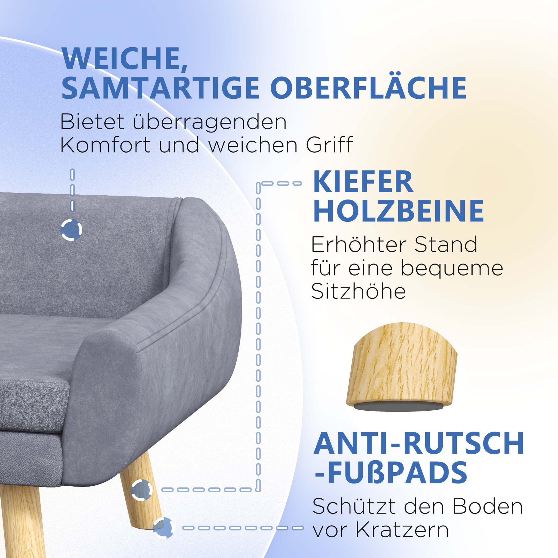 Dog Sofa Cat Sofa with Backrest, Pet Couch with Wooden Legs, Pet Sofa with Cushion, Dog Bed for Medium and Large Dogs, Velvet, Grey, 102 x 58.5 x 42.5 cm