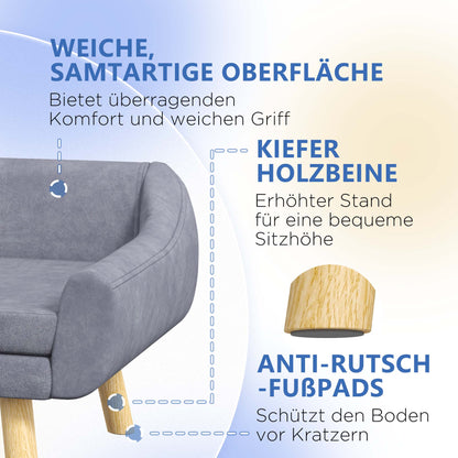 Dog Sofa Cat Sofa with Backrest, Pet Couch with Wooden Legs, Pet Sofa with Cushion, Dog Bed for Medium and Large Dogs, Velvet, Grey, 102 x 58.5 x 42.5 cm