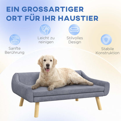 Dog Sofa Cat Sofa with Backrest, Pet Couch with Wooden Legs, Pet Sofa with Cushion, Dog Bed for Medium and Large Dogs, Velvet, Grey, 102 x 58.5 x 42.5 cm