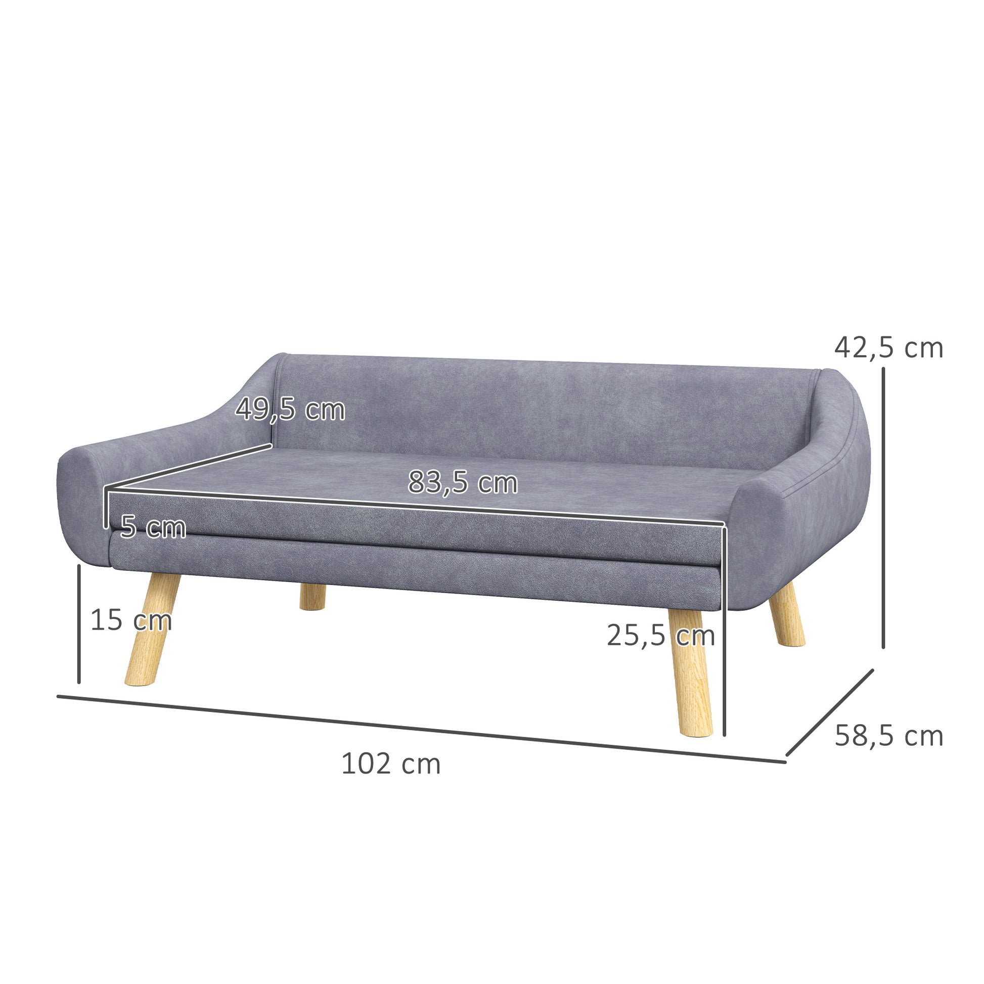 Dog Sofa Cat Sofa with Backrest, Pet Couch with Wooden Legs, Pet Sofa with Cushion, Dog Bed for Medium and Large Dogs, Velvet, Grey, 102 x 58.5 x 42.5 cm