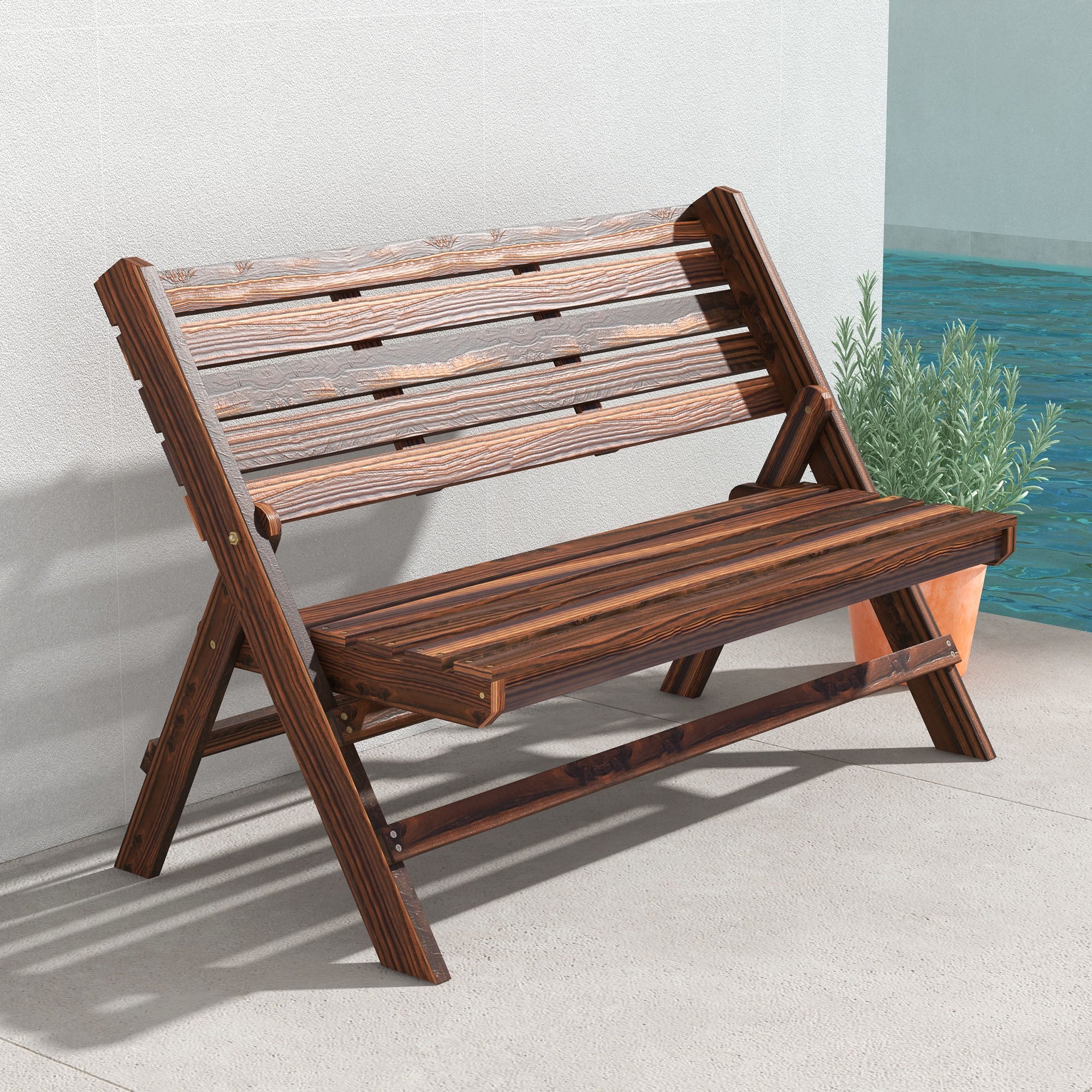 Garden Bench, 2-Seater Wooden Bench with Backrest, Park Bench, Holds up to 250 kg, for Garden, Balcony, Charred, 122 x 63 x 83 cm