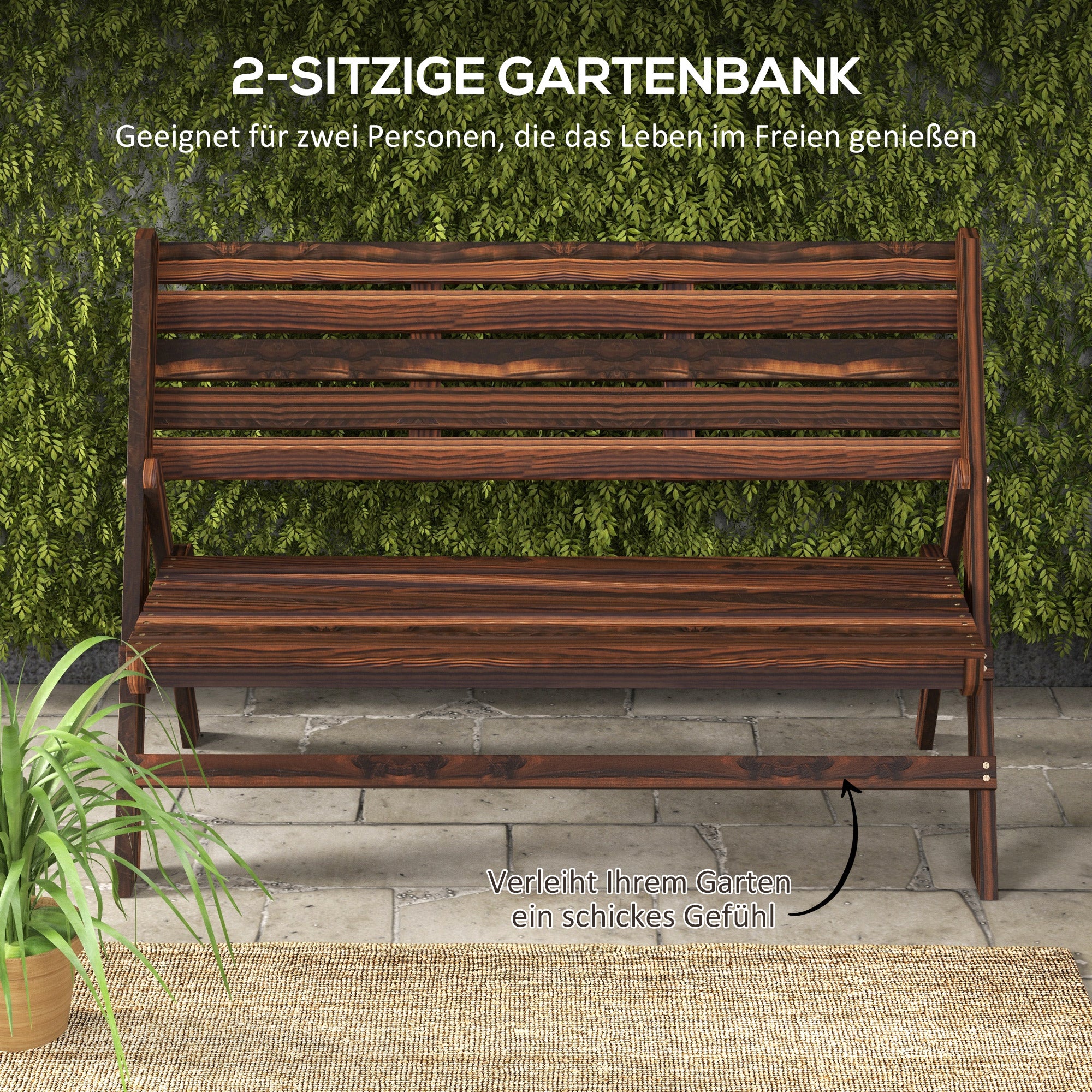 Garden Bench, 2-Seater Wooden Bench with Backrest, Park Bench, Holds up to 250 kg, for Garden, Balcony, Charred, 122 x 63 x 83 cm