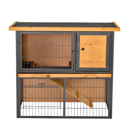 Outdoor Wooden Rabbit Hutch Small Pet Cage 2 Levels with Ramp Removable Tray Lockable Doors 89.5x45x81 cm Wood and Grey