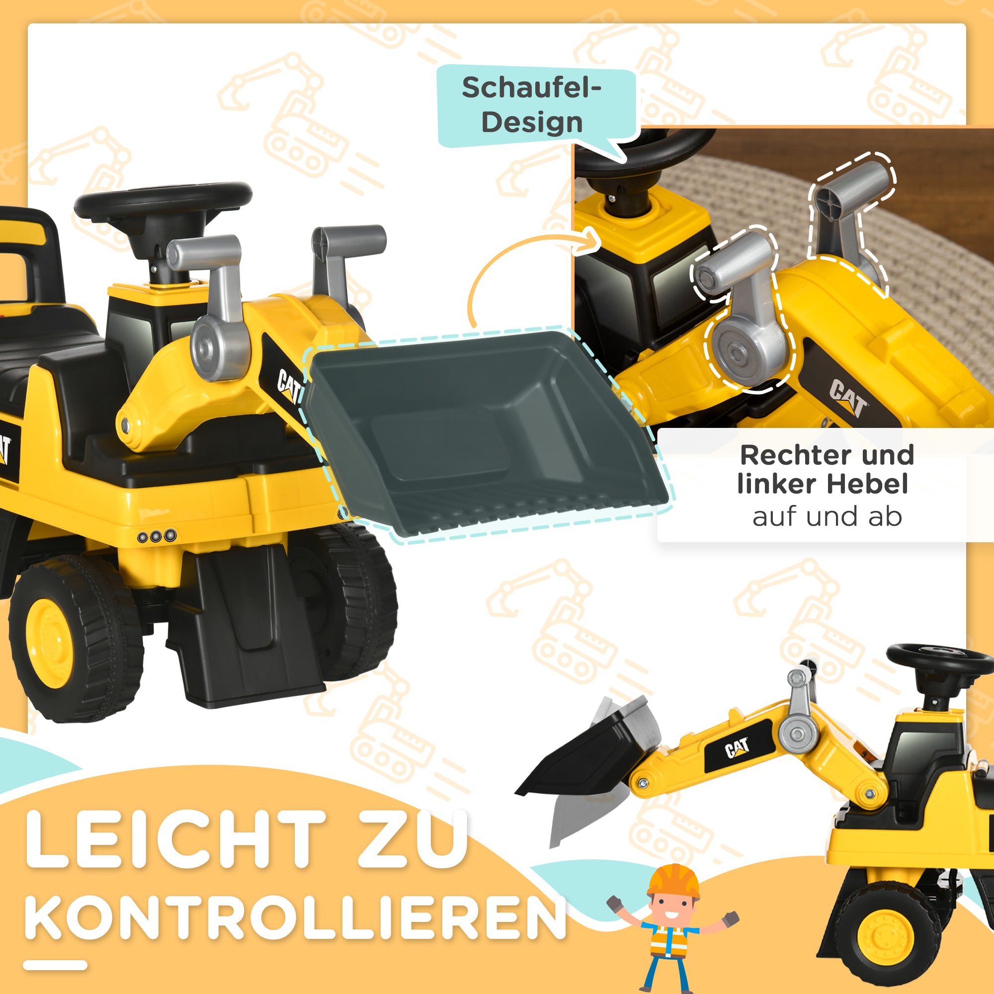 Seat Digger Ride-On Digger with Adjustable Shovel, Horn, Storage under Seat, Ride-On Toy Digger for Sitting Up to 25kg, Ride-On for Children from 18 Months Yellow