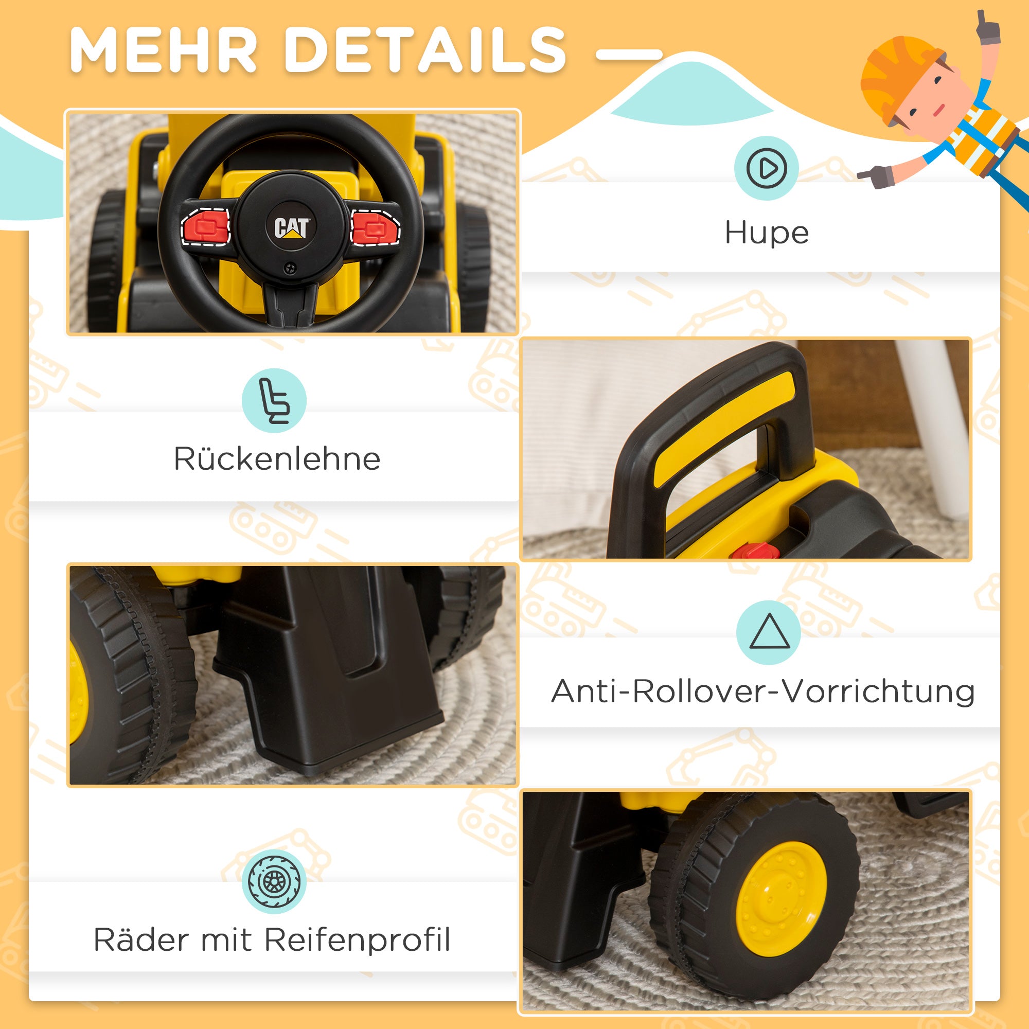 Seat Digger Ride-On Digger with Adjustable Shovel, Horn, Storage under Seat, Ride-On Toy Digger for Sitting Up to 25kg, Ride-On for Children from 18 Months Yellow