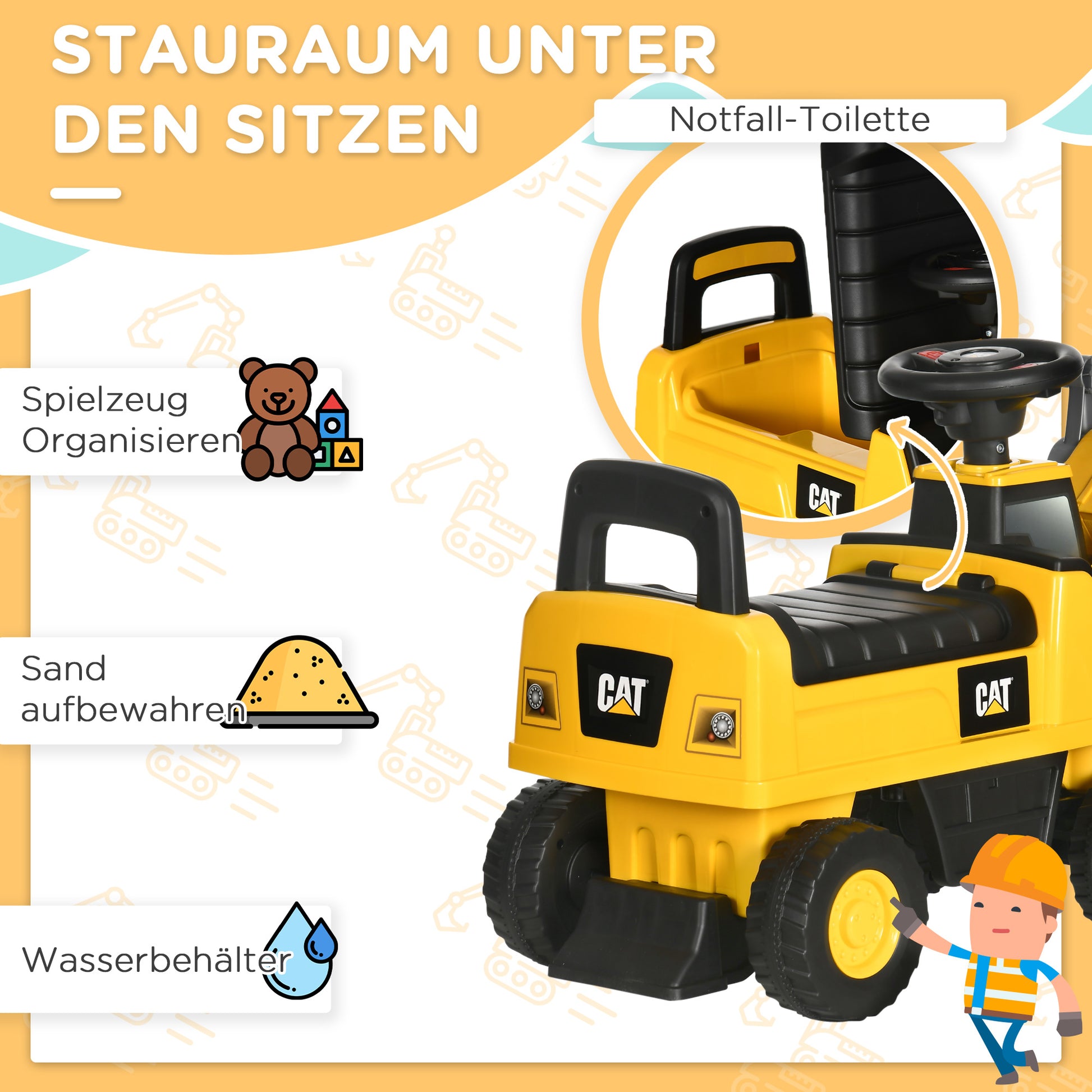 Seat Digger Ride-On Digger with Adjustable Shovel, Horn, Storage under Seat, Ride-On Toy Digger for Sitting Up to 25kg, Ride-On for Children from 18 Months Yellow