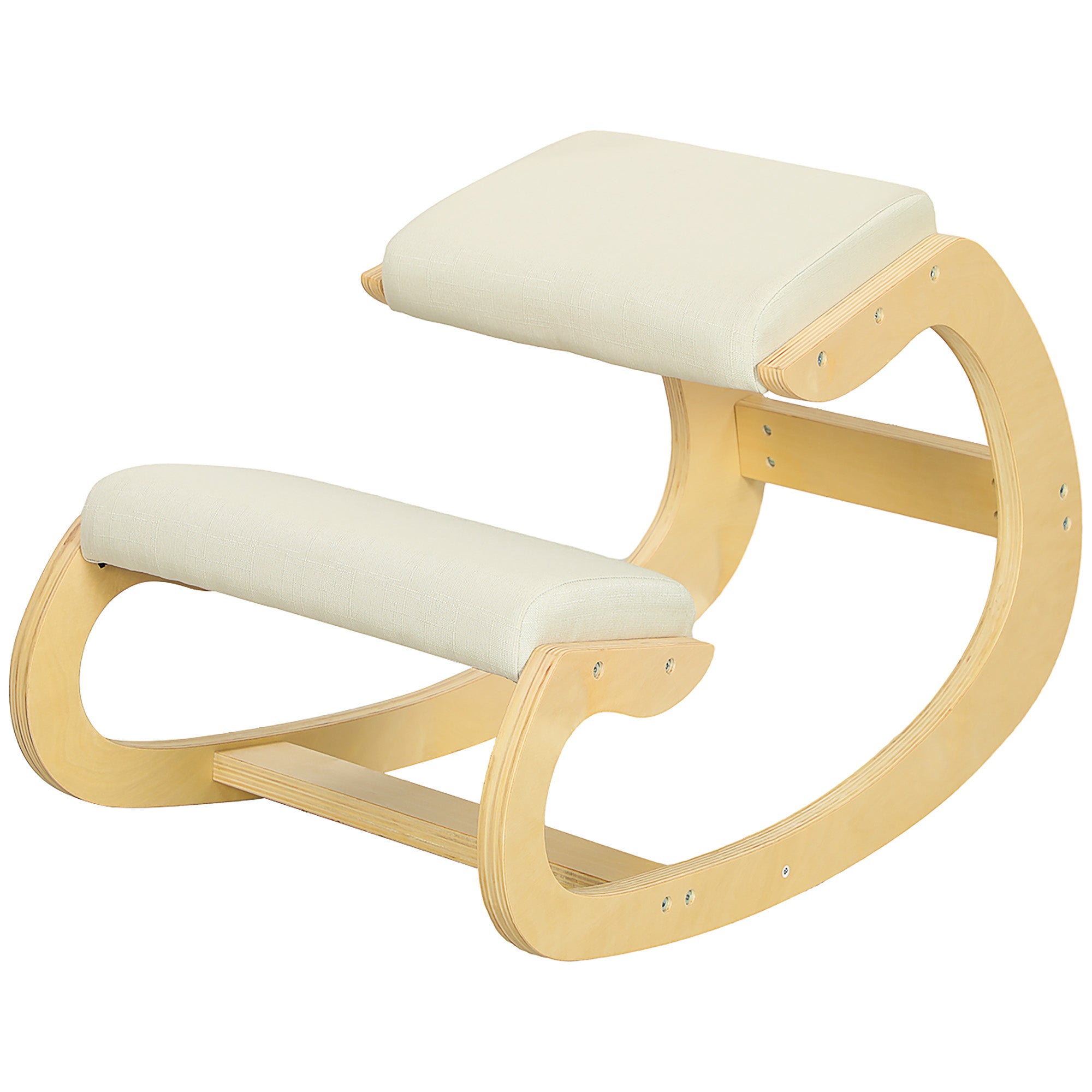 Kneeling Chair with Rocking Motion, Ergonomic Posture Chair in Linen Fabric and Birchwood, 55x85x55 cm, Cream