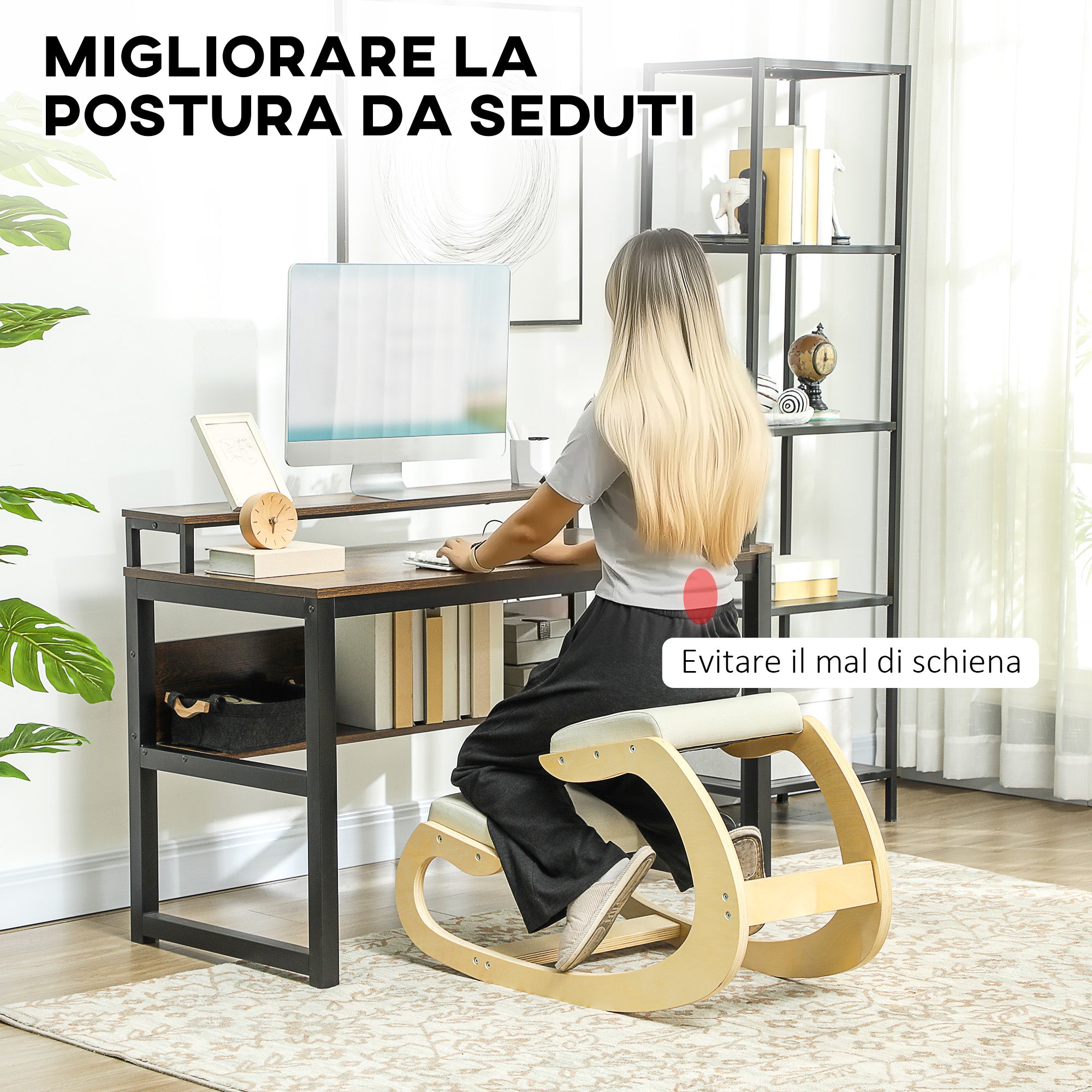 Kneeling Chair with Rocking Motion, Ergonomic Posture Chair in Linen Fabric and Birchwood, 55x85x55 cm, Cream