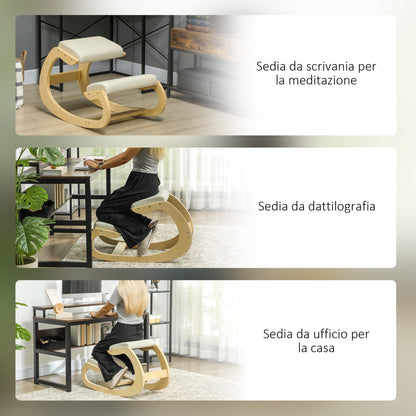 Kneeling Chair with Rocking Motion, Ergonomic Posture Chair in Linen Fabric and Birchwood, 55x85x55 cm, Cream