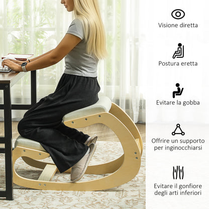 Kneeling Chair with Rocking Motion, Ergonomic Posture Chair in Linen Fabric and Birchwood, 55x85x55 cm, Cream