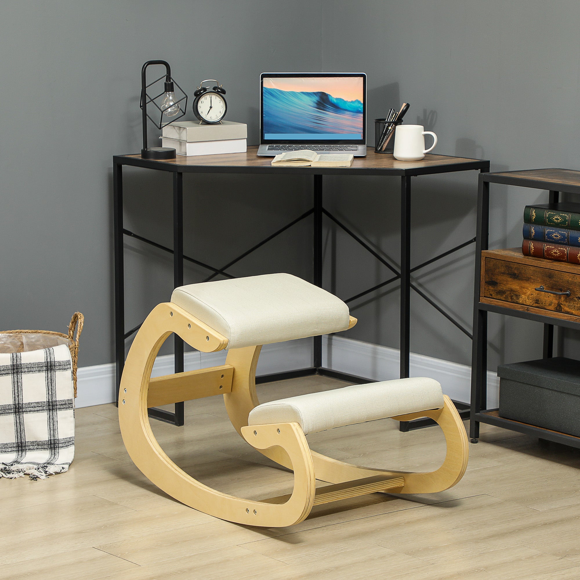 Kneeling Chair with Rocking Motion, Ergonomic Posture Chair in Linen Fabric and Birchwood, 55x85x55 cm, Cream