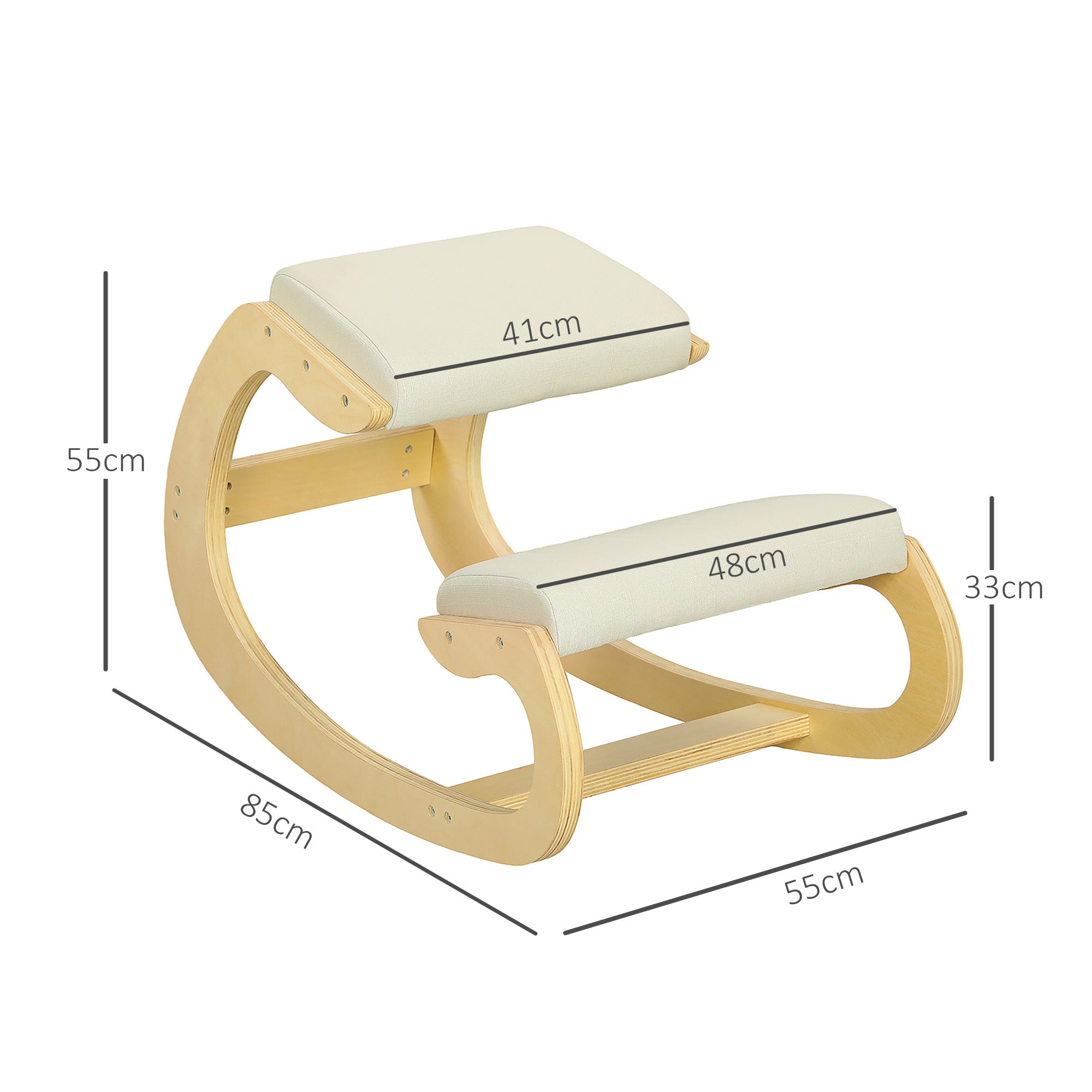 Kneeling Chair with Rocking Motion, Ergonomic Posture Chair in Linen Fabric and Birchwood, 55x85x55 cm, Cream