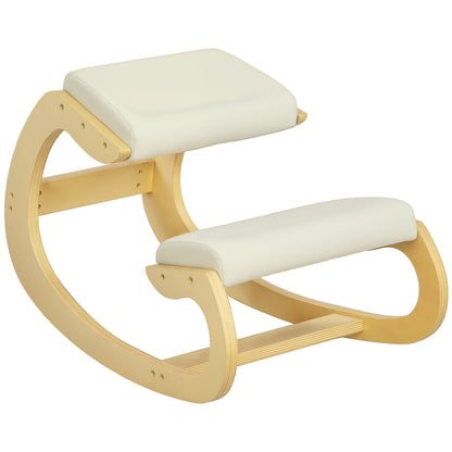 Kneeling Chair with Rocking Motion, Ergonomic Posture Chair in Linen Fabric and Birchwood, 55x85x55 cm, Cream