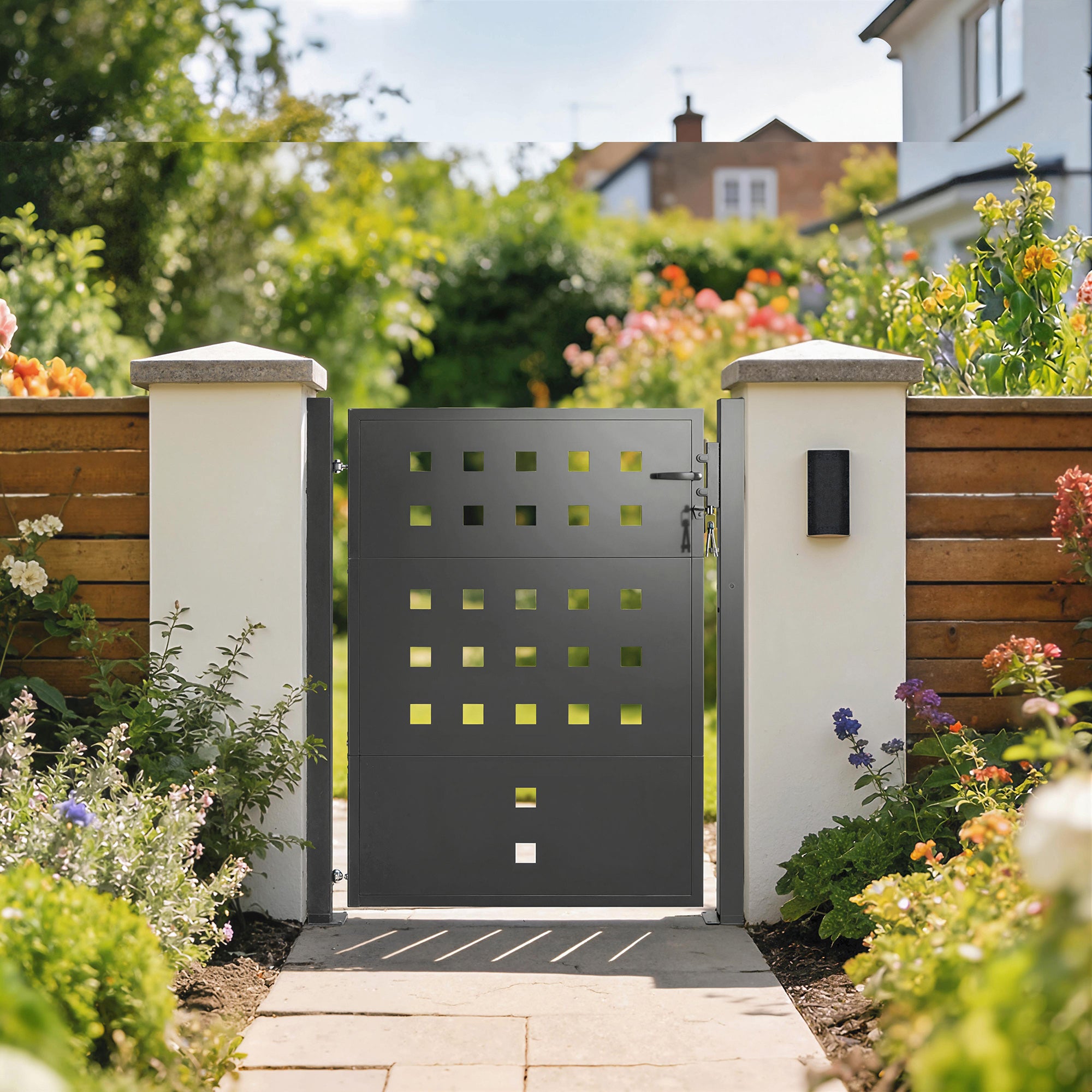 Galvanized Steel Garden Gate with Handle, Lock & 3 Keys, 105 x 130 cm, Dark Gray