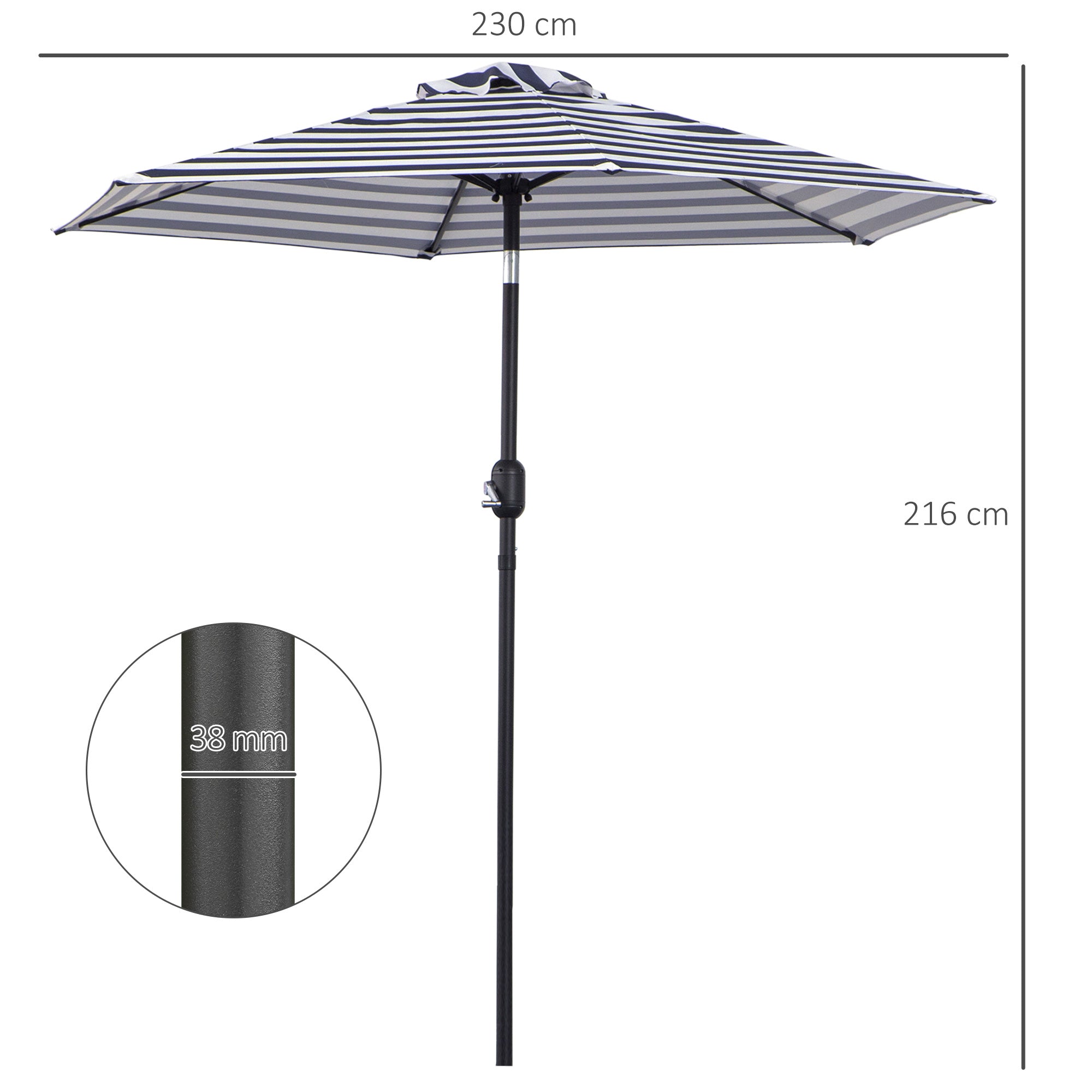 Parasol Garden Umbrella Terrace Umbrella Frame Steel Outdoor Blue Stripe Ø230 x 216 cm