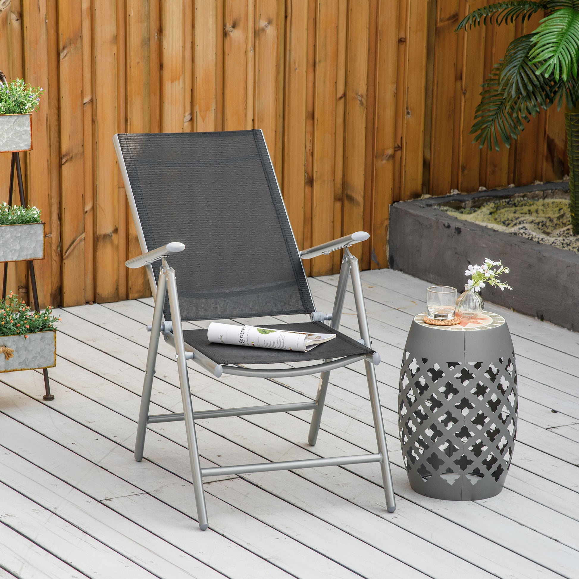 Folding Garden Chair in Aluminum and Texteline with 7 Adjustable Levels, Black 65x55x85-105cm