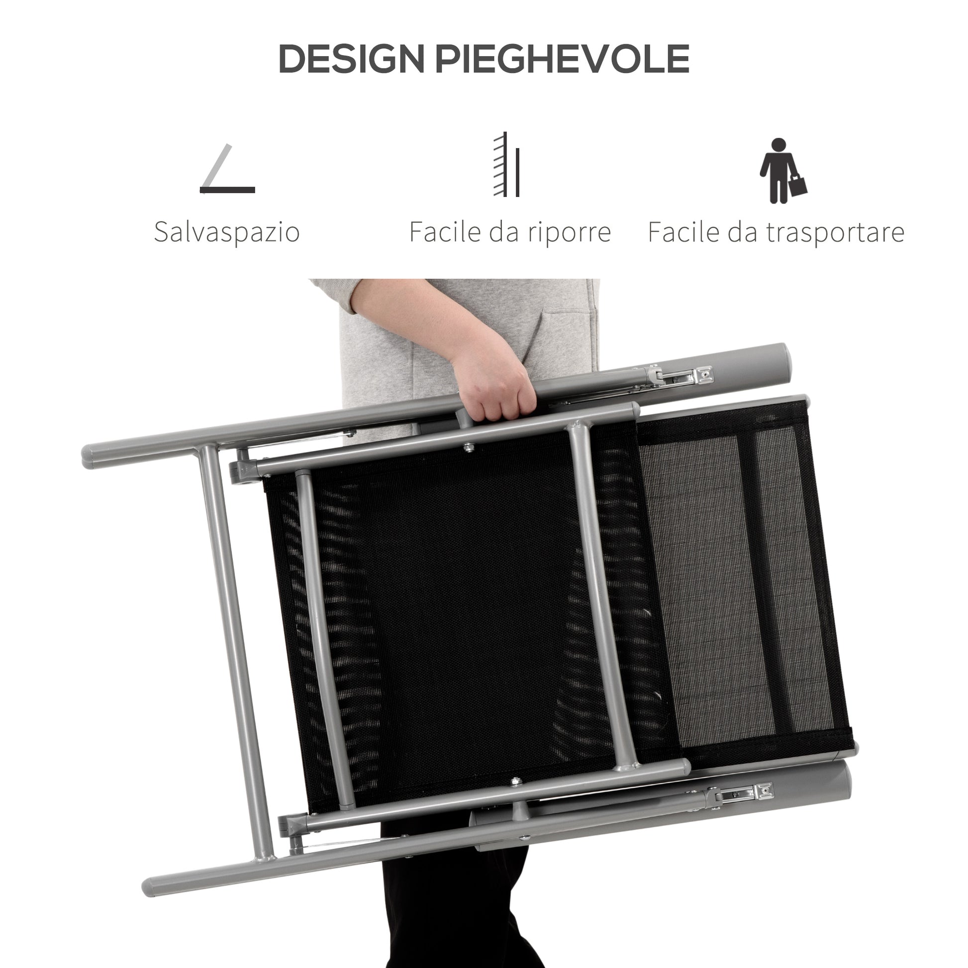 Folding Garden Chair in Aluminum and Texteline with 7 Adjustable Levels, Black 65x55x85-105cm