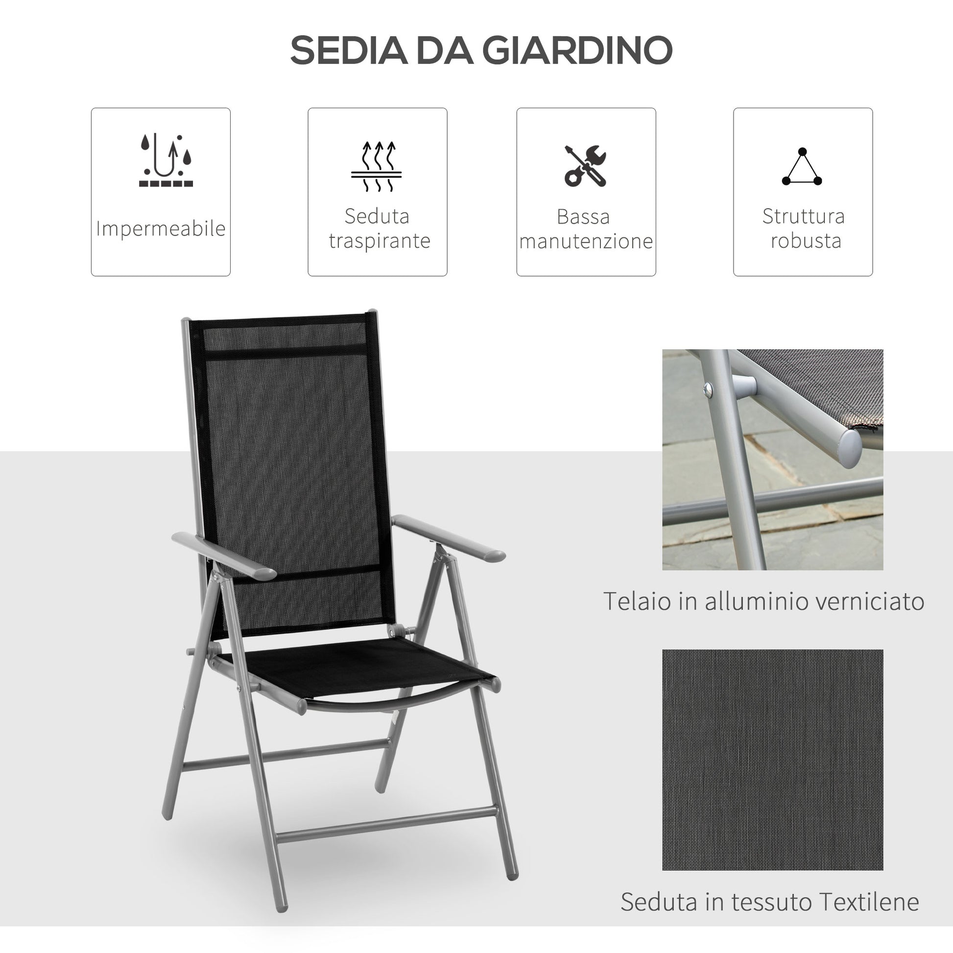 Folding Garden Chair in Aluminum and Texteline with 7 Adjustable Levels, Black 65x55x85-105cm
