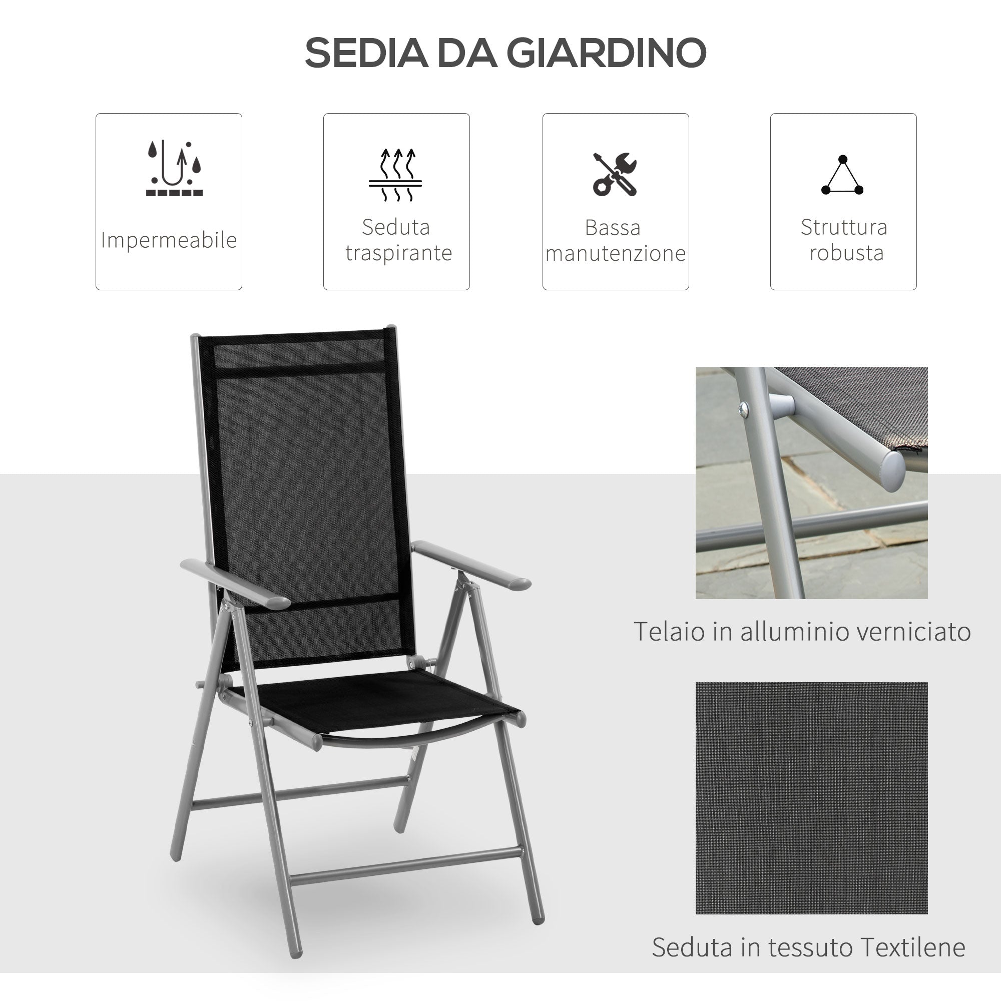 Folding Garden Chair in Aluminum and Texteline with 7 Adjustable Levels, Black 65x55x85-105cm