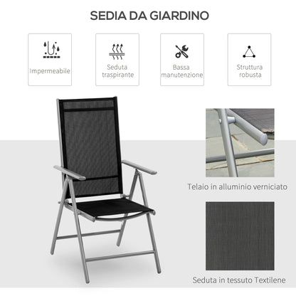 Folding Garden Chair in Aluminum and Texteline with 7 Adjustable Levels, Black 65x55x85-105cm