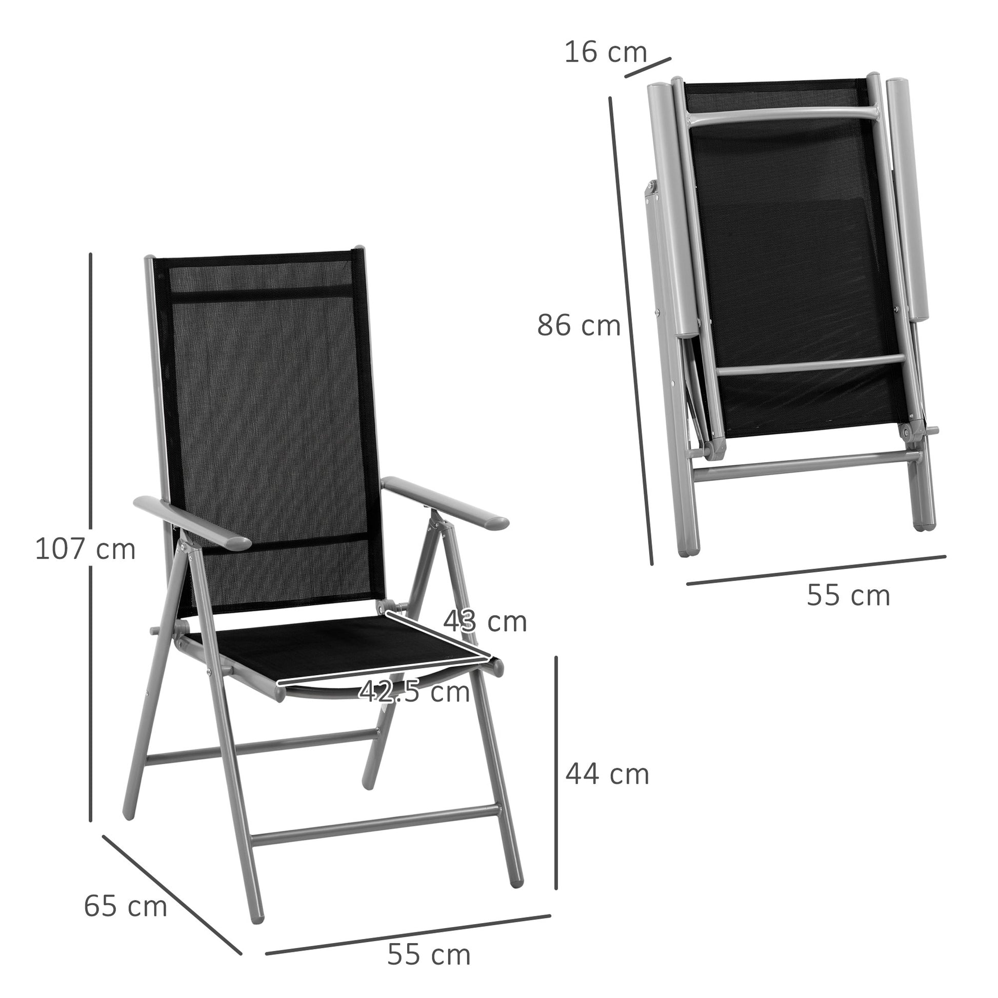Folding Garden Chair in Aluminum and Texteline with 7 Adjustable Levels, Black 65x55x85-105cm