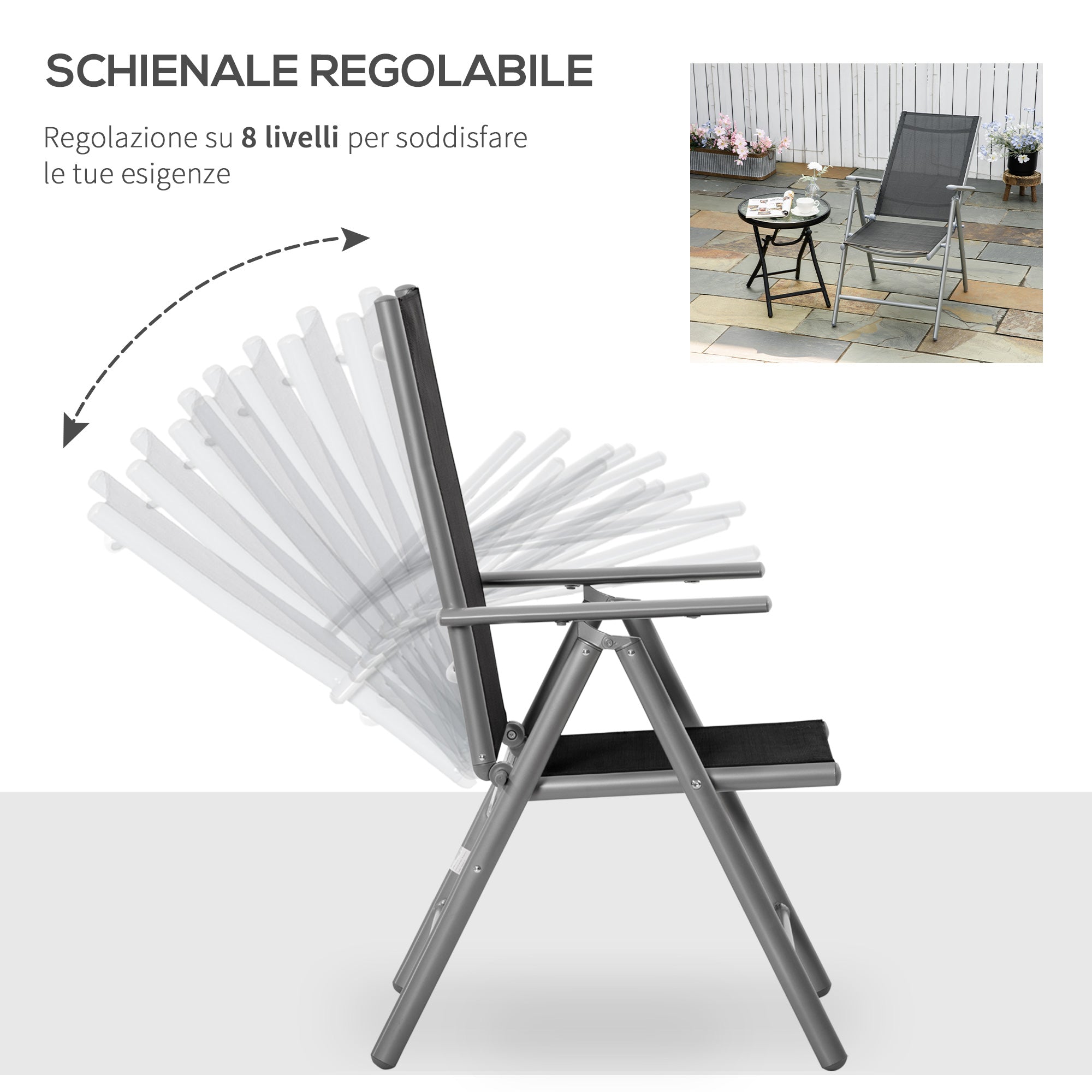 Folding Garden Chair in Aluminum and Texteline with 7 Adjustable Levels, Black 65x55x85-105cm