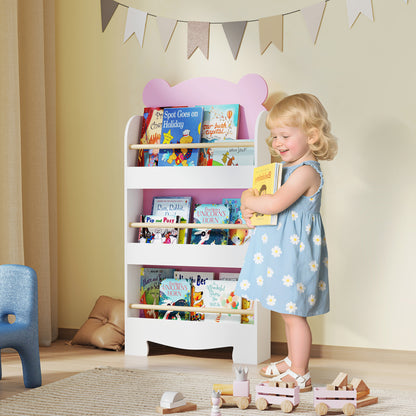 Children's Bookcase with 3 Shelves, Space-Saving Bear-Shaped Shelf with Frontal Barriers, for Bedroom and Living Room, 55x15x110 cm, Pink