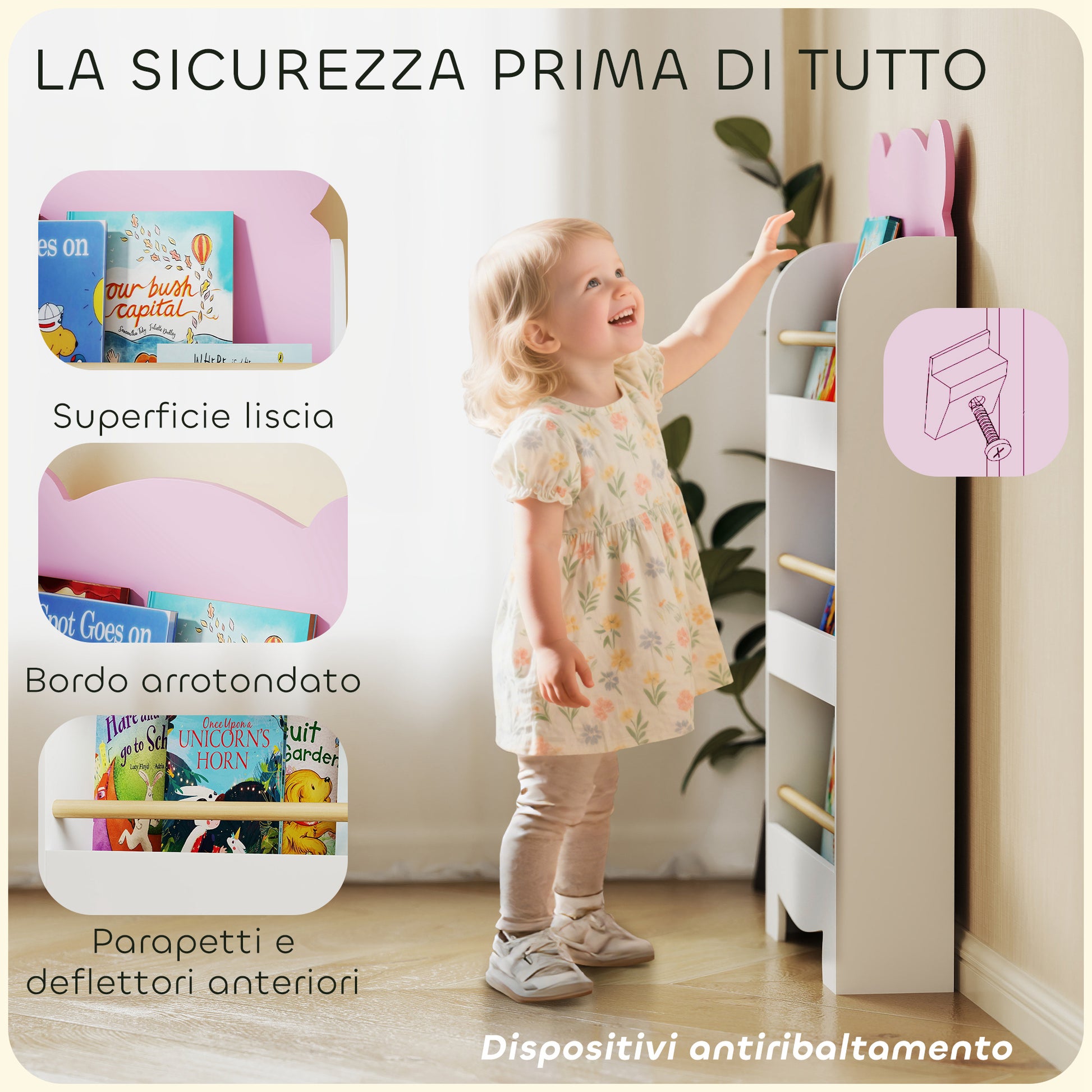 Children's Bookcase with 3 Shelves, Space-Saving Bear-Shaped Shelf with Frontal Barriers, for Bedroom and Living Room, 55x15x110 cm, Pink