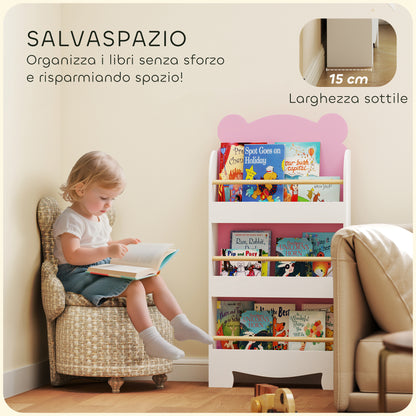 Children's Bookcase with 3 Shelves, Space-Saving Bear-Shaped Shelf with Frontal Barriers, for Bedroom and Living Room, 55x15x110 cm, Pink