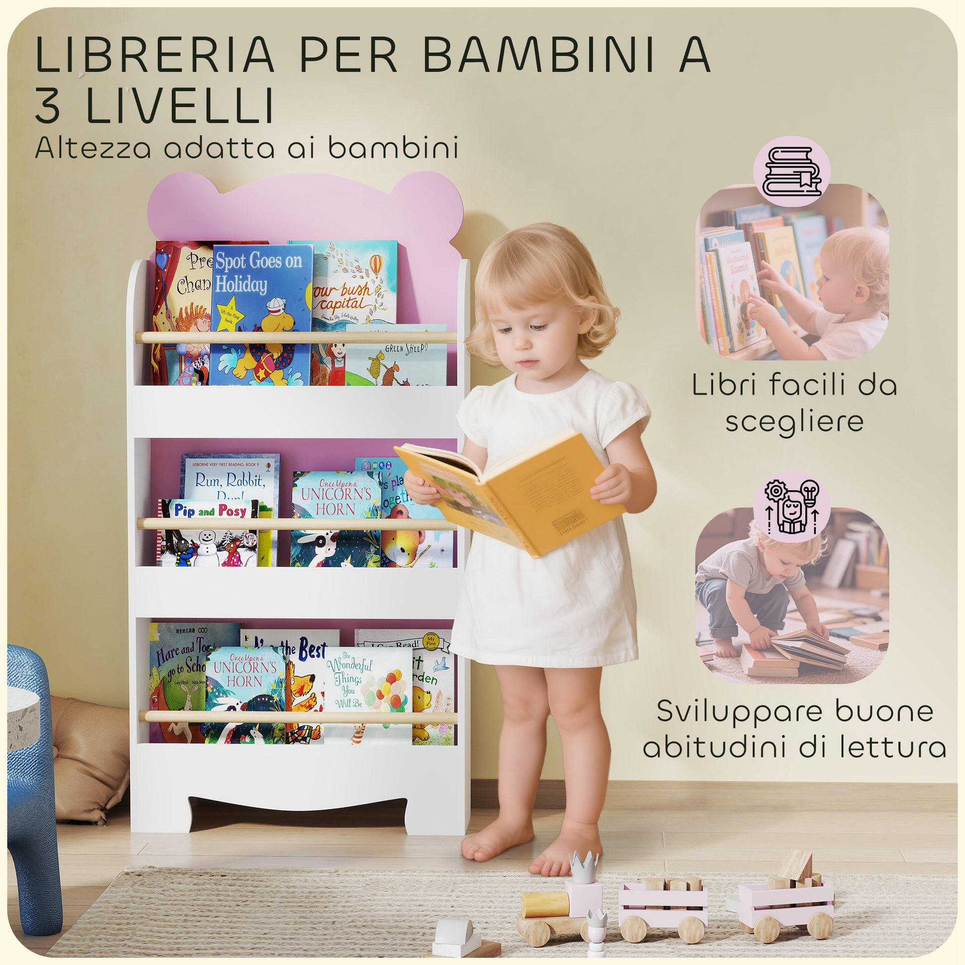 Children's Bookcase with 3 Shelves, Space-Saving Bear-Shaped Shelf with Frontal Barriers, for Bedroom and Living Room, 55x15x110 cm, Pink