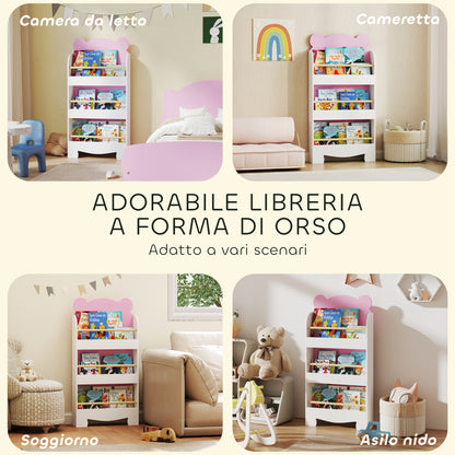 Children's Bookcase with 3 Shelves, Space-Saving Bear-Shaped Shelf with Frontal Barriers, for Bedroom and Living Room, 55x15x110 cm, Pink