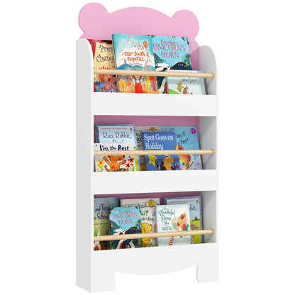 Children's Bookcase with 3 Shelves, Space-Saving Bear-Shaped Shelf with Frontal Barriers, for Bedroom and Living Room, 55x15x110 cm, Pink