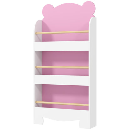 Children's Bookcase with 3 Shelves, Space-Saving Bear-Shaped Shelf with Frontal Barriers, for Bedroom and Living Room, 55x15x110 cm, Pink
