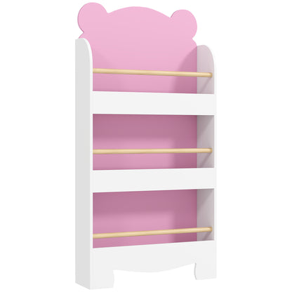 Children's Bookcase with 3 Shelves, Space-Saving Bear-Shaped Shelf with Frontal Barriers, for Bedroom and Living Room, 55x15x110 cm, Pink