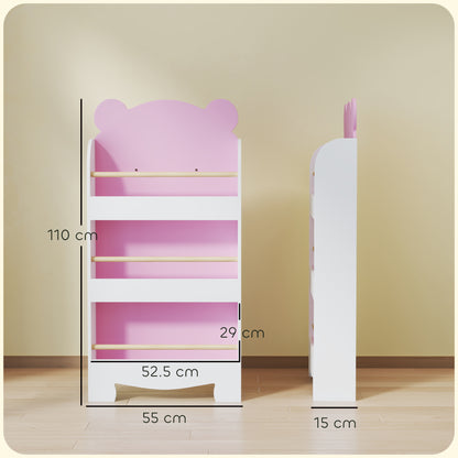 Children's Bookcase with 3 Shelves, Space-Saving Bear-Shaped Shelf with Frontal Barriers, for Bedroom and Living Room, 55x15x110 cm, Pink
