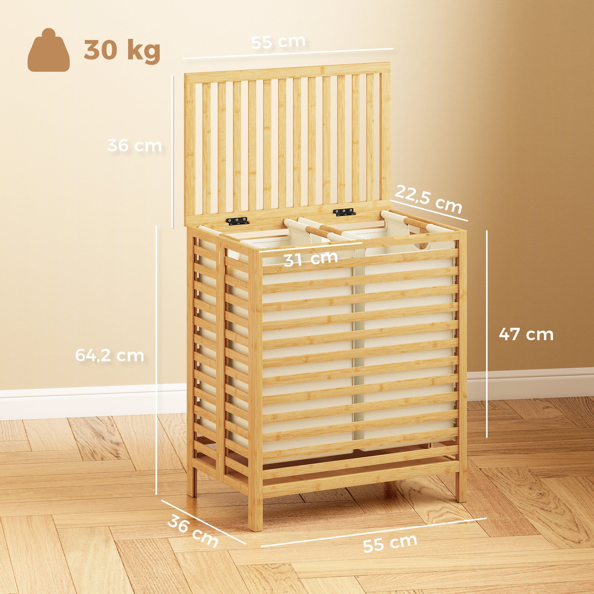 Bamboo Laundry Hamper with Lid, 64 L Double Laundry Bin with 2 Removable Washable Bags, Foldable Laundry Sorter for Bathroom & Bedroom, Natural & Cream White