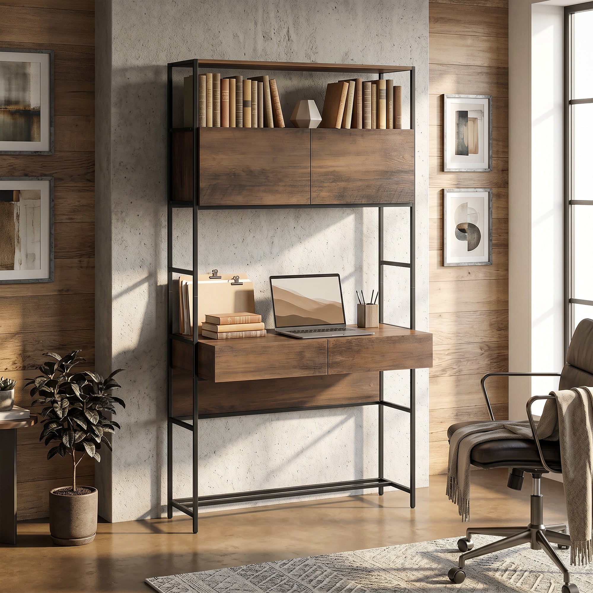 Computer Desk with 2 Drawers, 39.4 in W x 17.7 in D x 72.8 in H — Storage Cabinets & Open Shelves, Modern Small-Space Home Office Desk, Brown Wood